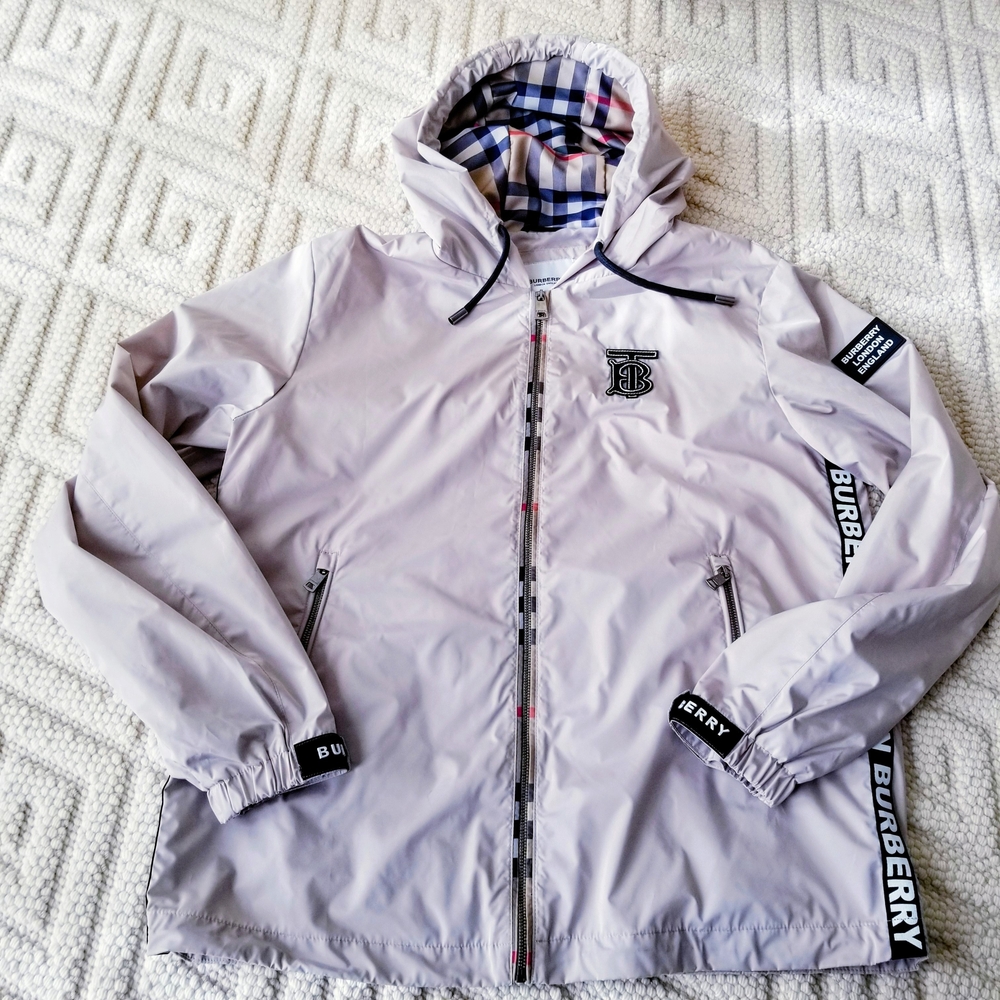 Burberry Men's Beige Nylon  Hooded Windbraker Zip up Jacket Size 2XL